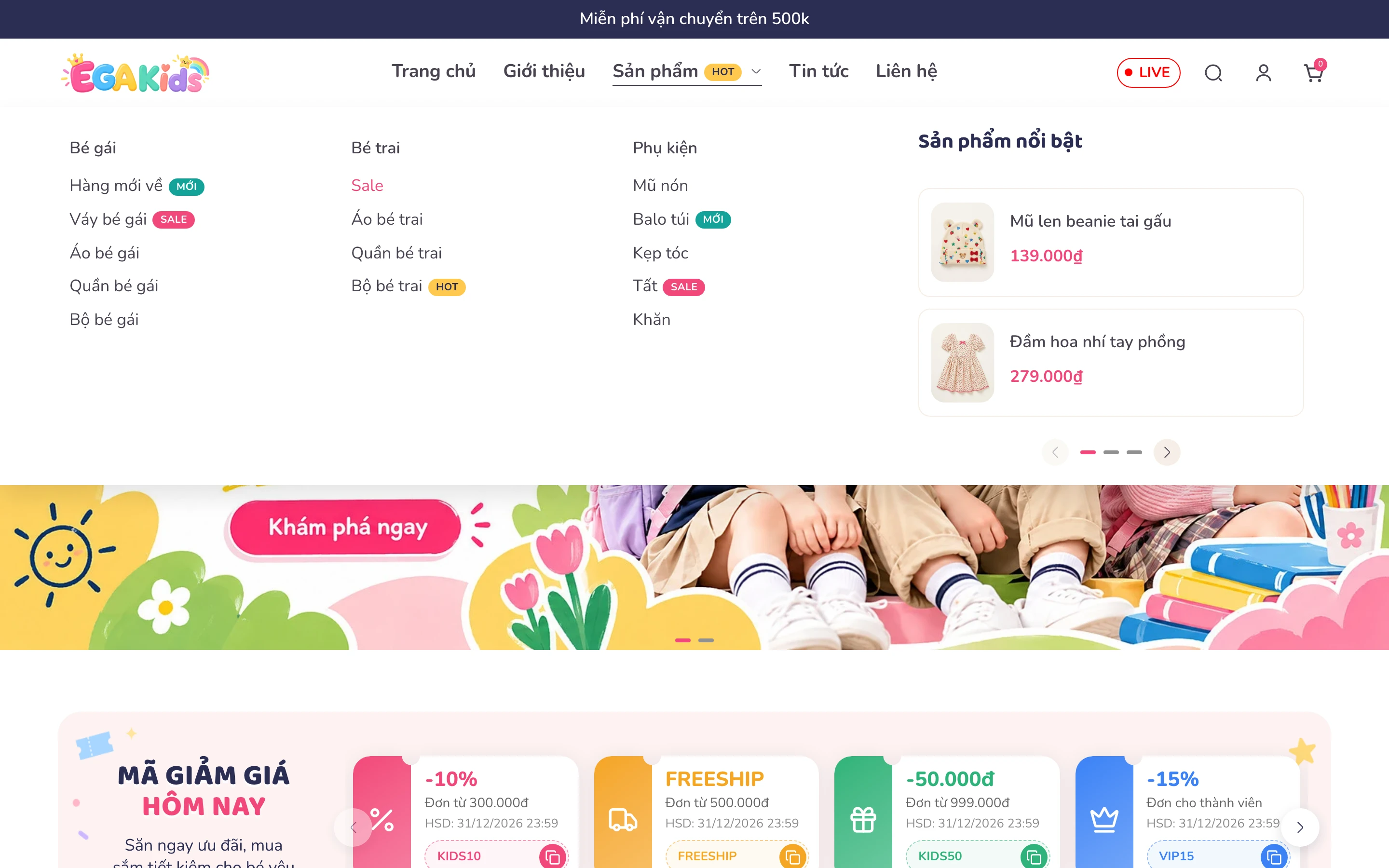 Mega-menu danh mục kèm nhãn nổi bật.
