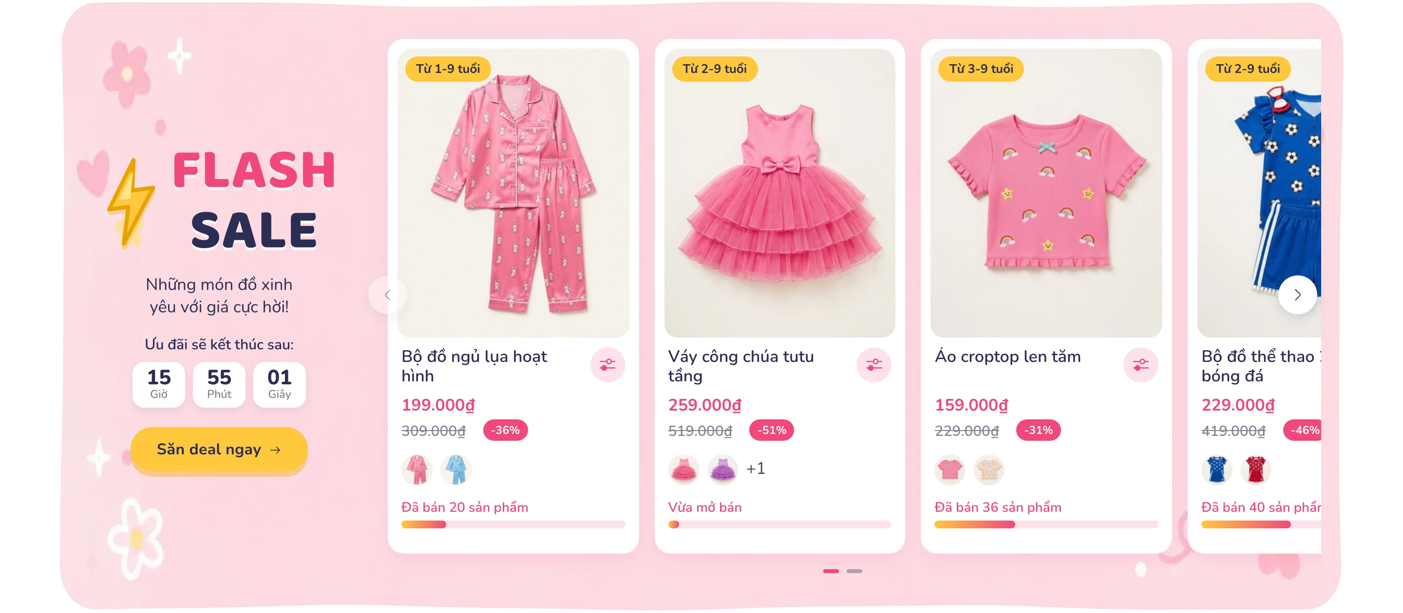 Khối Flash Sale với đồng hồ đếm ngược và nút kêu gọi.